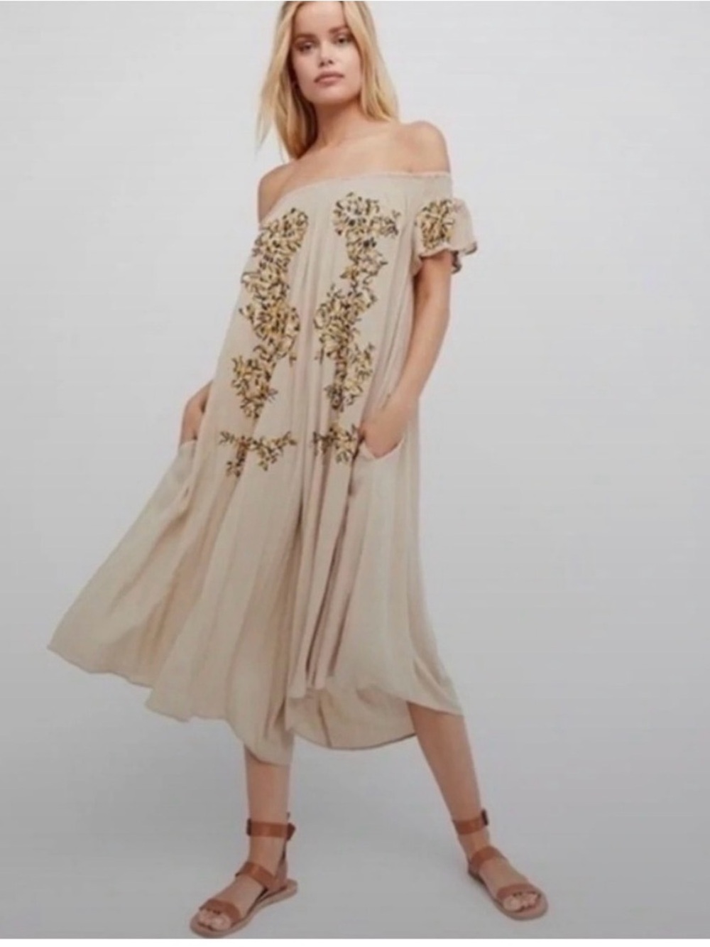 Free People Floral Off-the-Shoulder Smocked Wide legged Jumpsuit